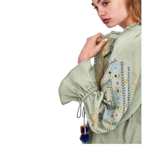 Zara Jackets & Blazers - trf Zara Victorian Style Sage Green Boho Lightweight Jacket with Pom Tassels